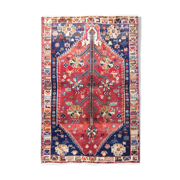 Tapis tribal persan traditionnel fait à la main Tapis de salon en laine rouge bleue - 111x165cm
