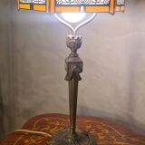 Bronze floor lamp from the 19th century with a handmade stained glass lampshade soldered with lead, measuring 52x26.