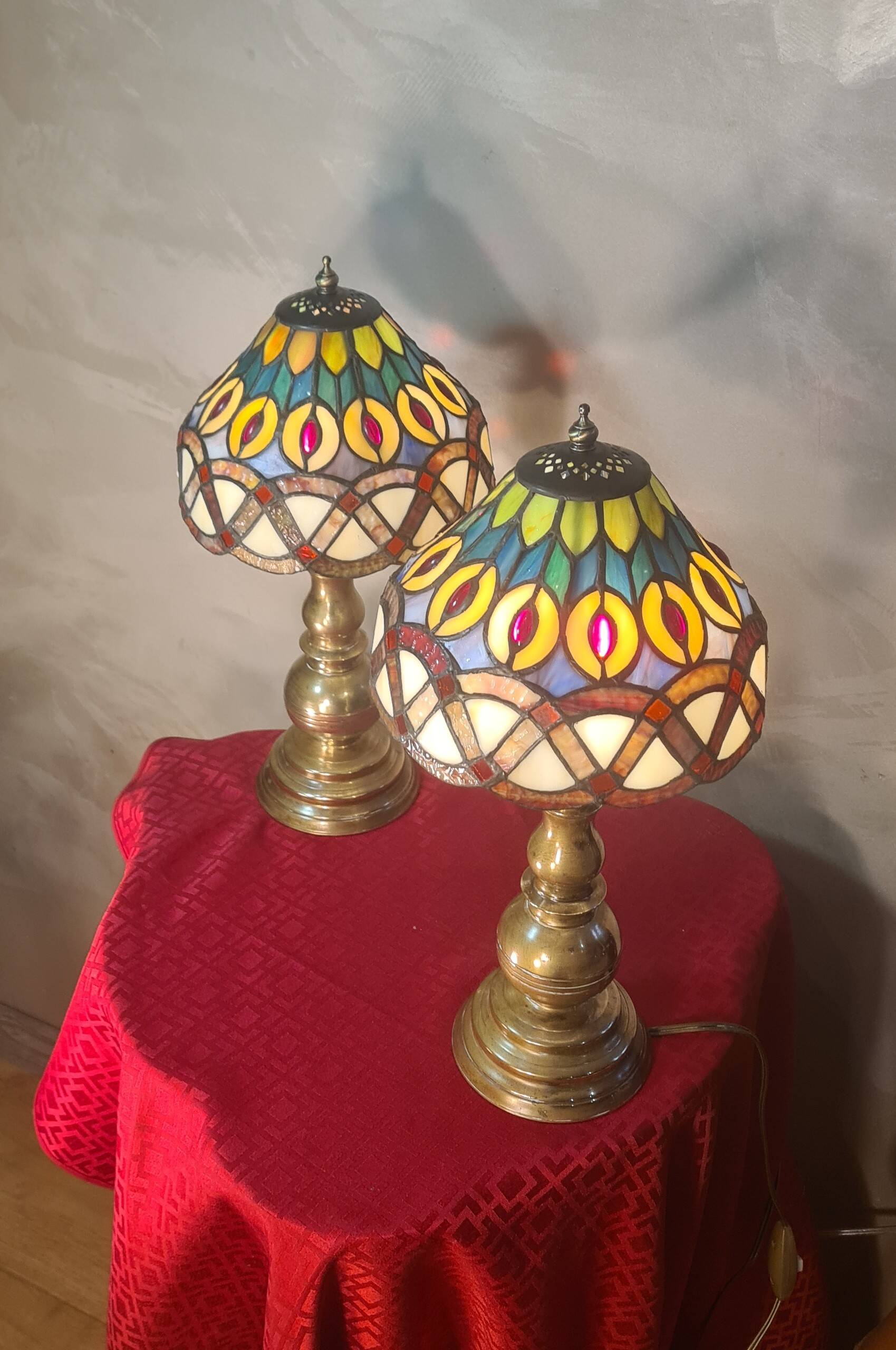 Pair of antique brass lamps, glass lampshades, 42x20, stained glass, Tiffany style.ent