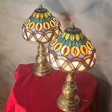 Pair of antique brass lamps, glass lampshades, 42x20, stained glass, Tiffany style.ent