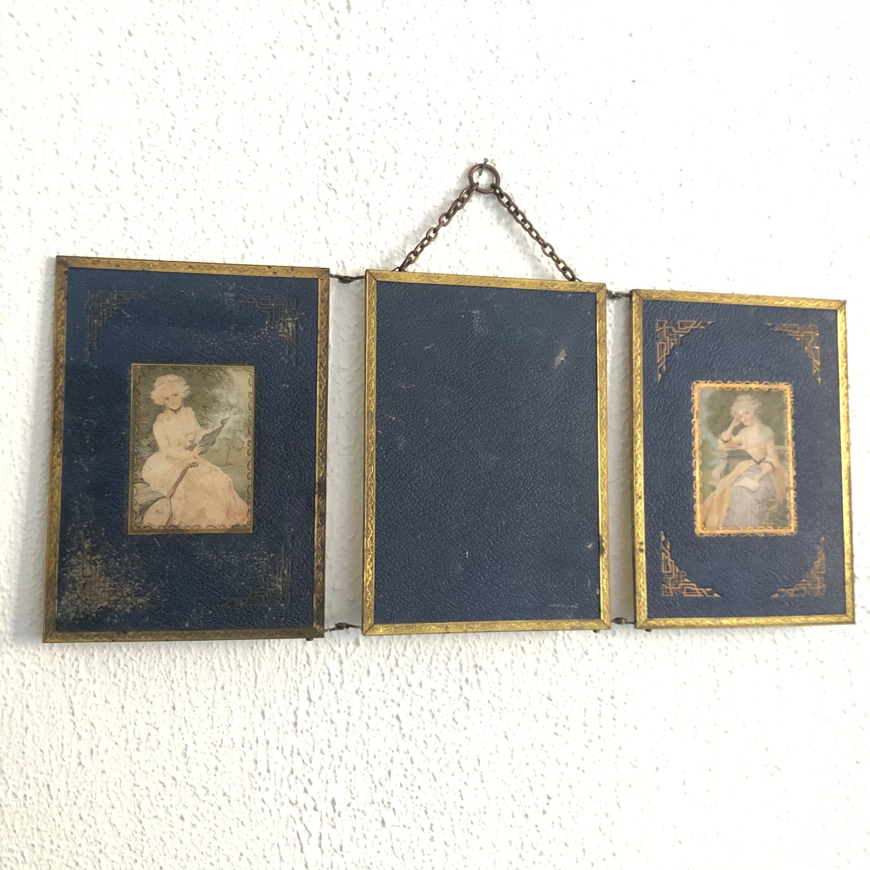 Vintage brass bevelled triptych mirror 1900 - 21 x 49 cm