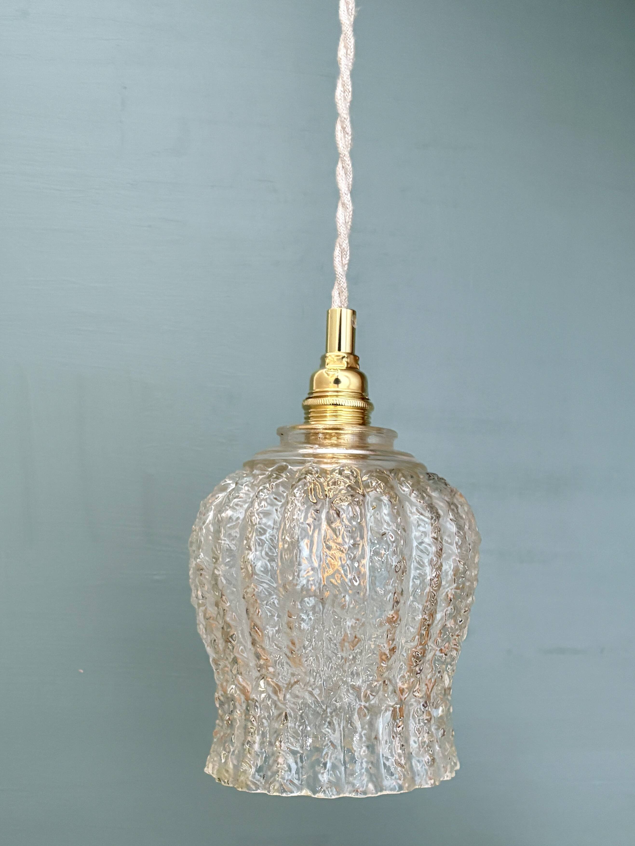 Vintage tulip pendant light in clear molded glass