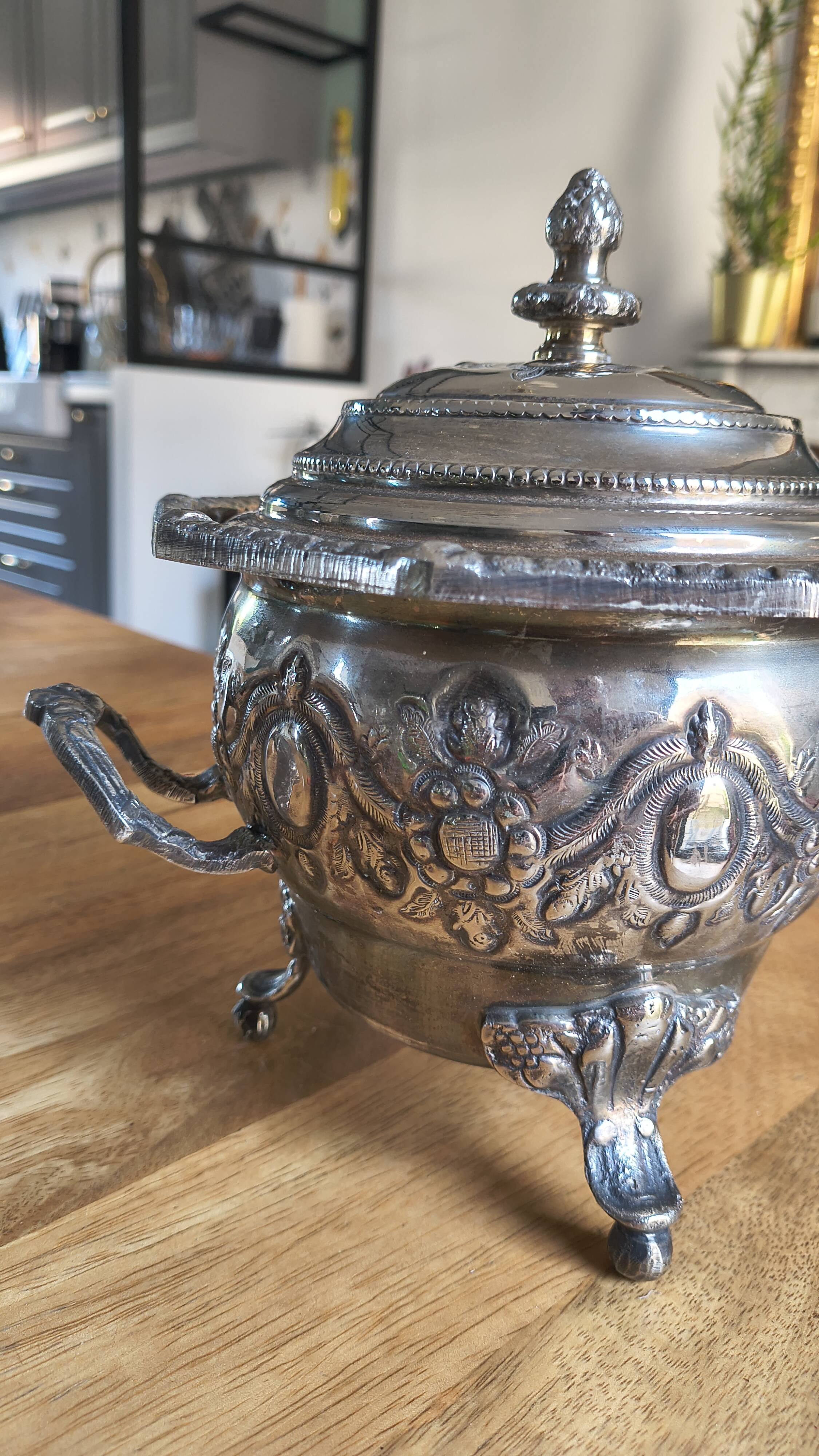 Antique Box / Chased Silver-Plated Sugar Bowl from Fes - Nesting Style (Vi