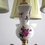 french vintage 3 light porcelain with rose decoration & gold metal chandelier cream shades