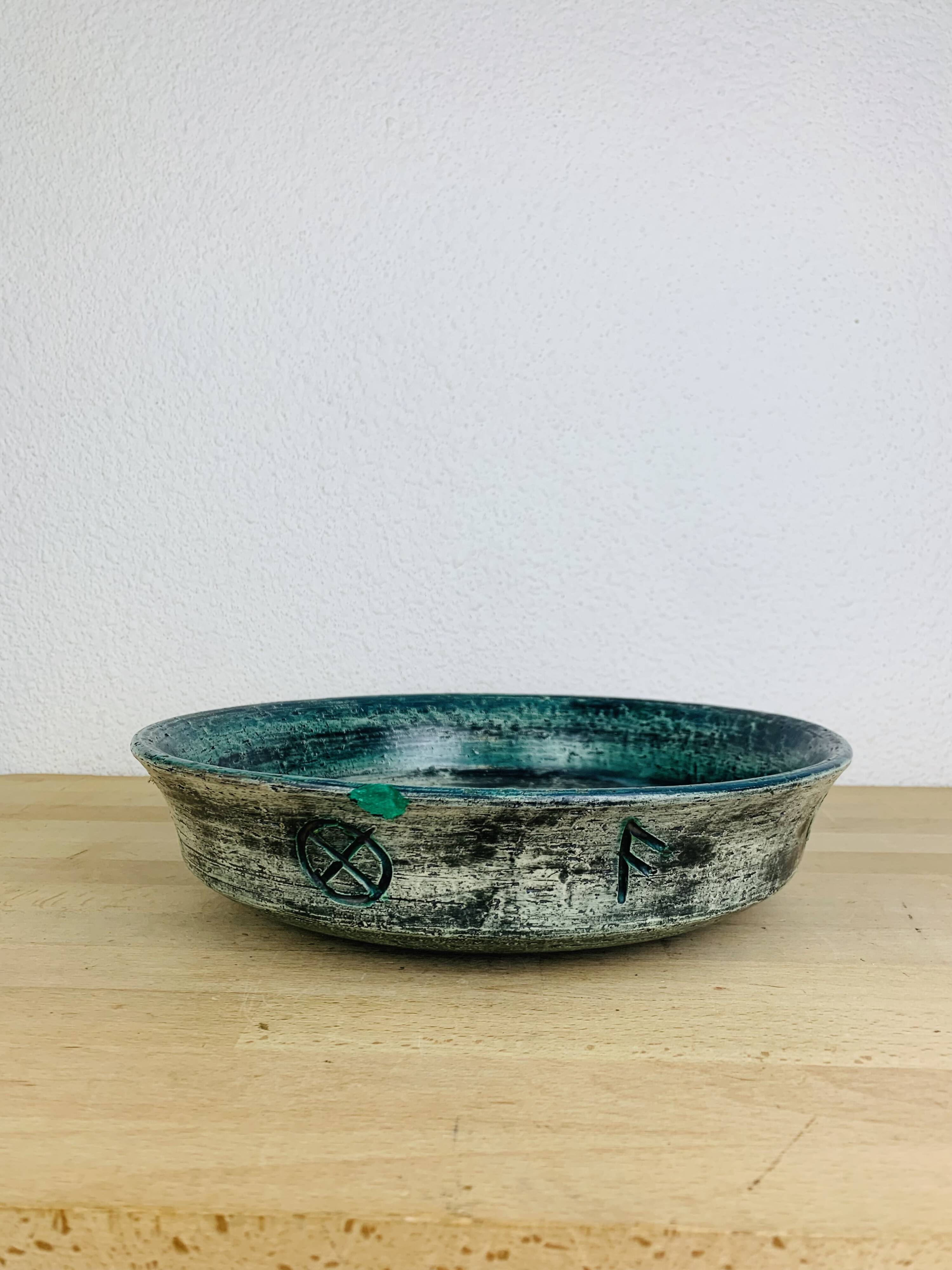Round blue ceramic dish signed Arol Norway