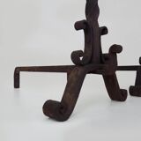 Pair of wrought iron andirons with 19th century fireplace set
