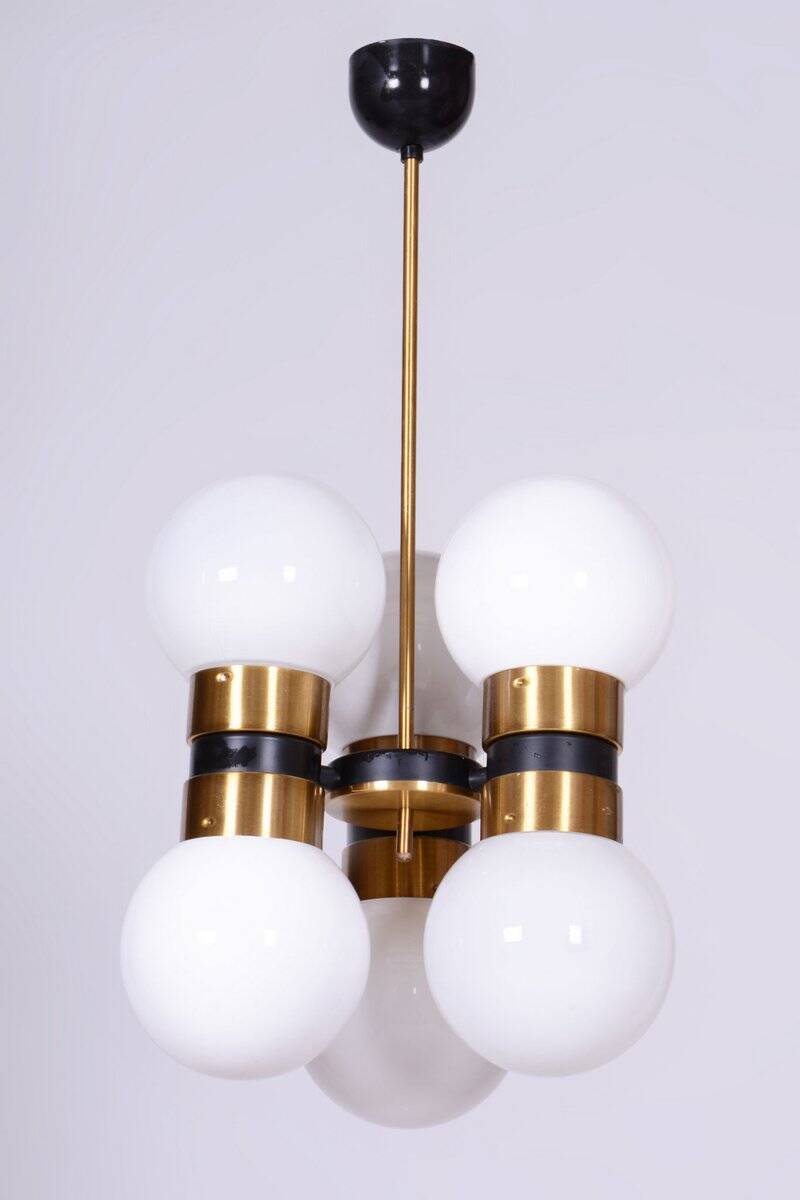 Mid-Century Chandelier in Brass and Opaline Glass, Czech, 1960s