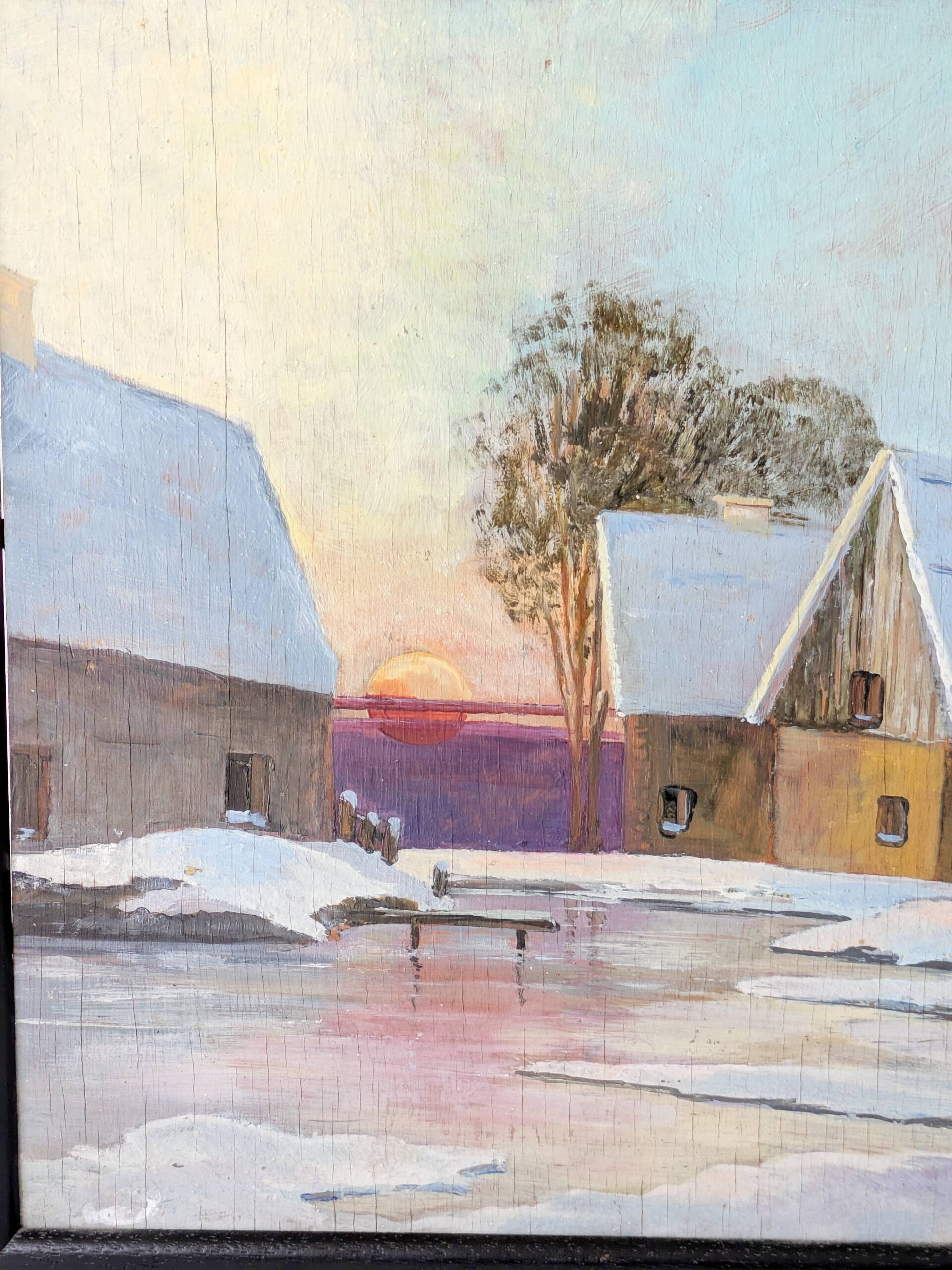 Vintage oil painting, rural winter landscape, 1960s