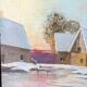 Vintage oil painting, rural winter landscape, 1960s