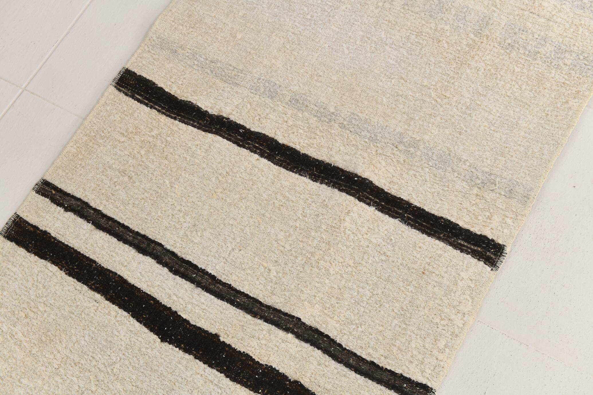 Beige & Black Striped Pattern Vintage Kilim Rug, 74x351 Cm