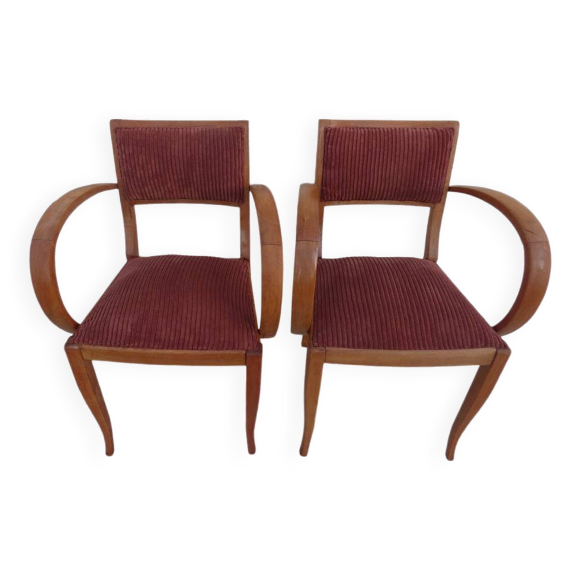 2 Chic 50s Bridge Armchairs Completely Refurbished in Solid Wood with Rust Velvet Seat