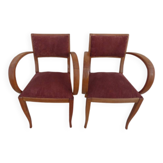 2 Fauteuils bridges chic année 50 totalement Relookées en bois massif avec assise velours rouille