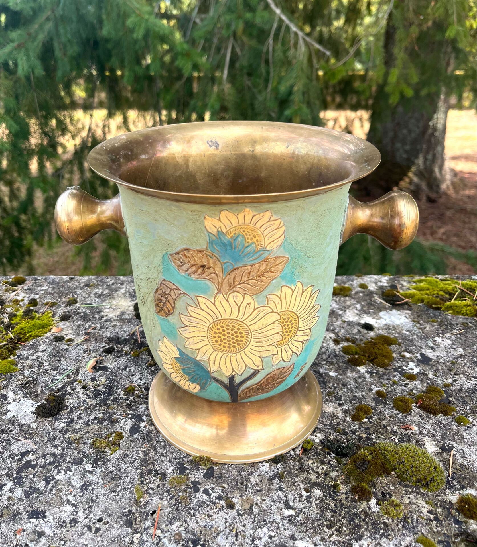 Cloisonne Brass champagne bucket with sunflower relief decoration