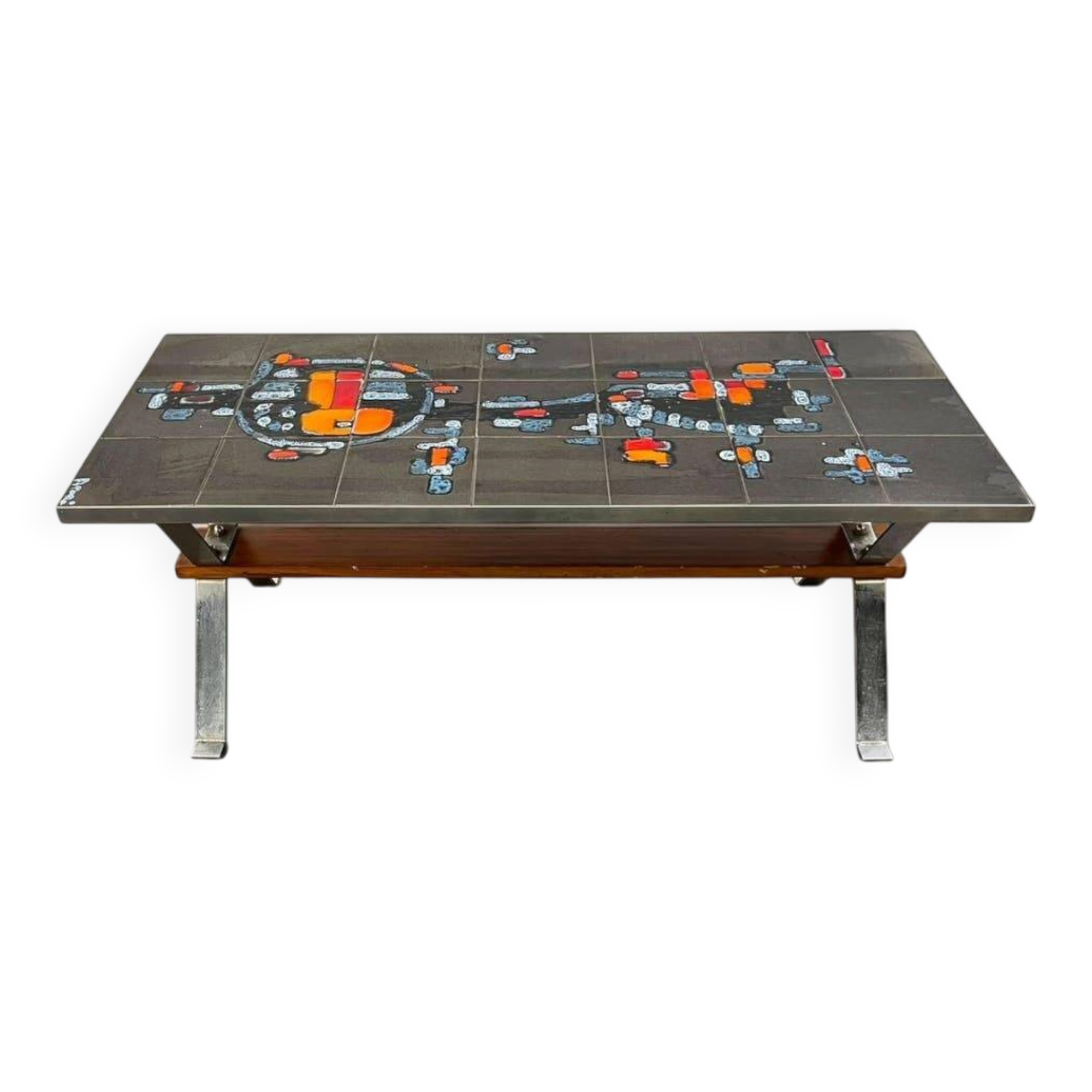 Vintage ceramic coffee table with chrome and wood accents.