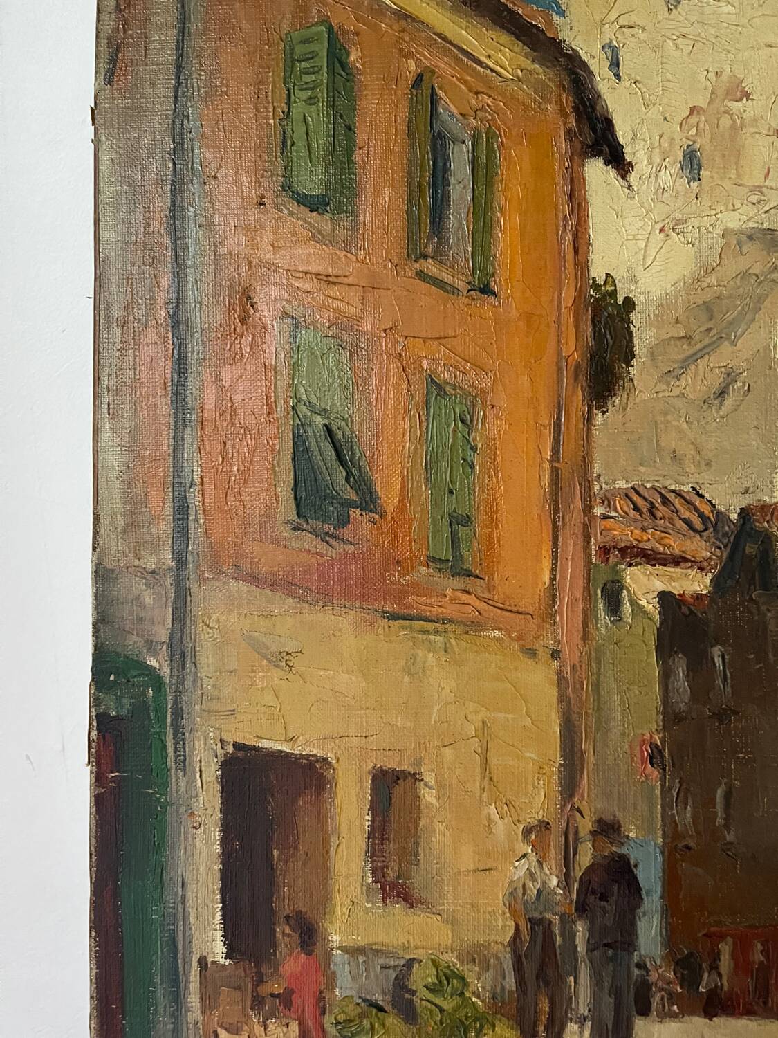Scène de rue devant château, huile sur toile
