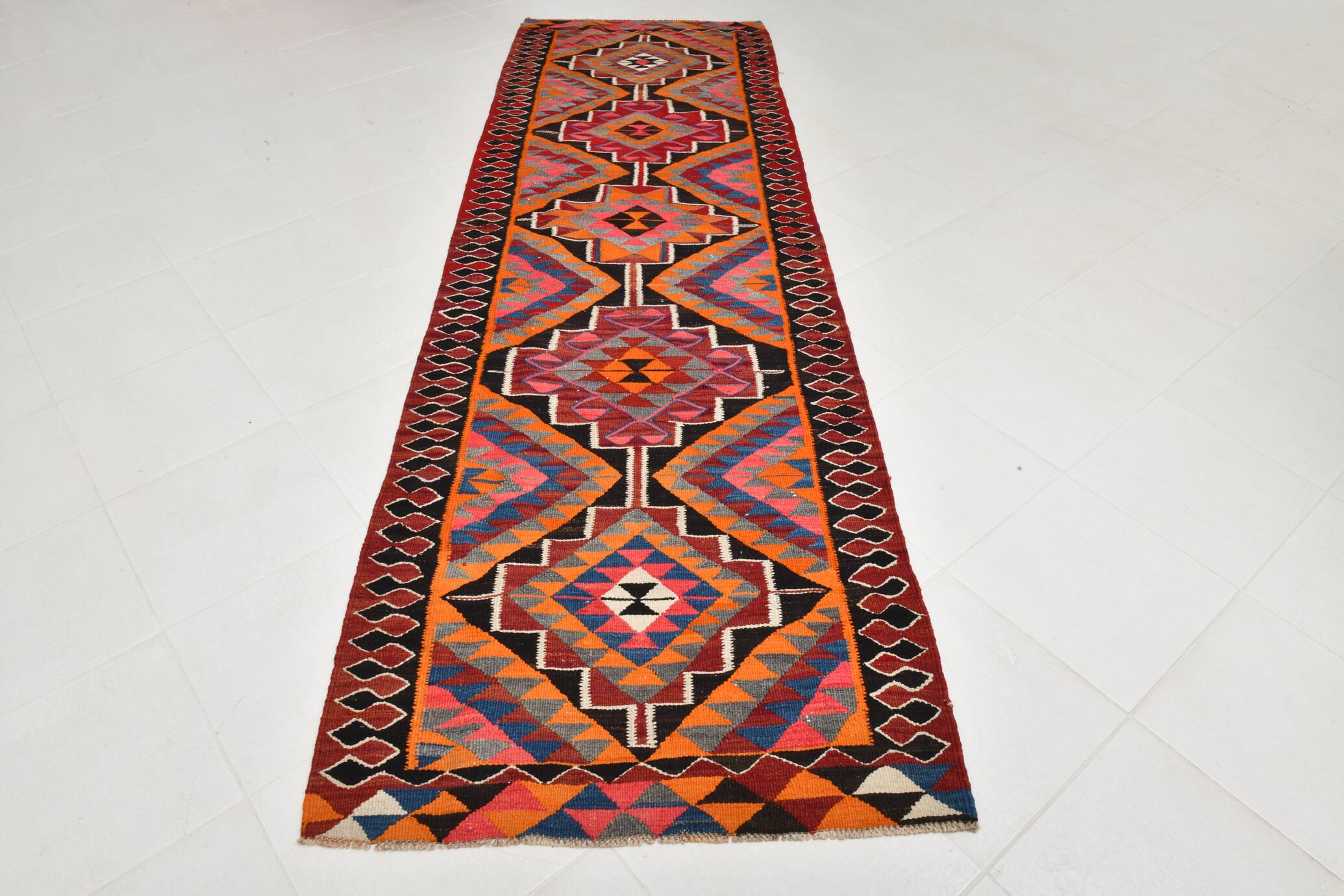 Red & Orange Oriental Kilim Runner Rug, 105x340Cm