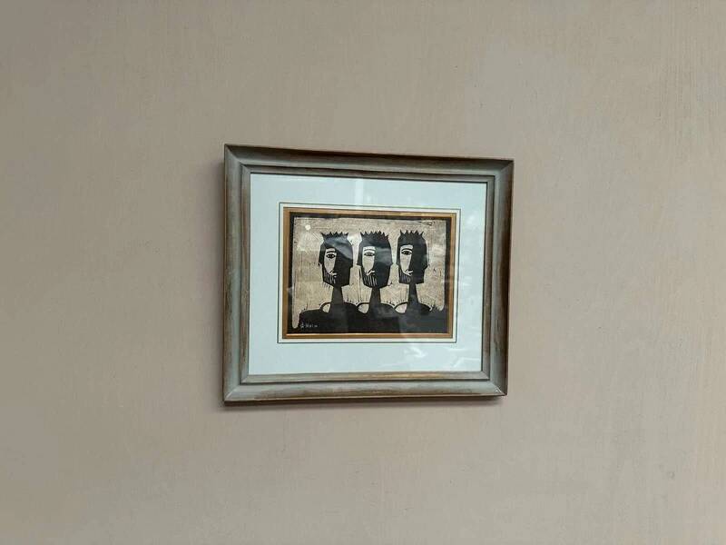 Woodcut glazed painting "Three Figures" by A. Holm, vintage & framed 37×32cm
