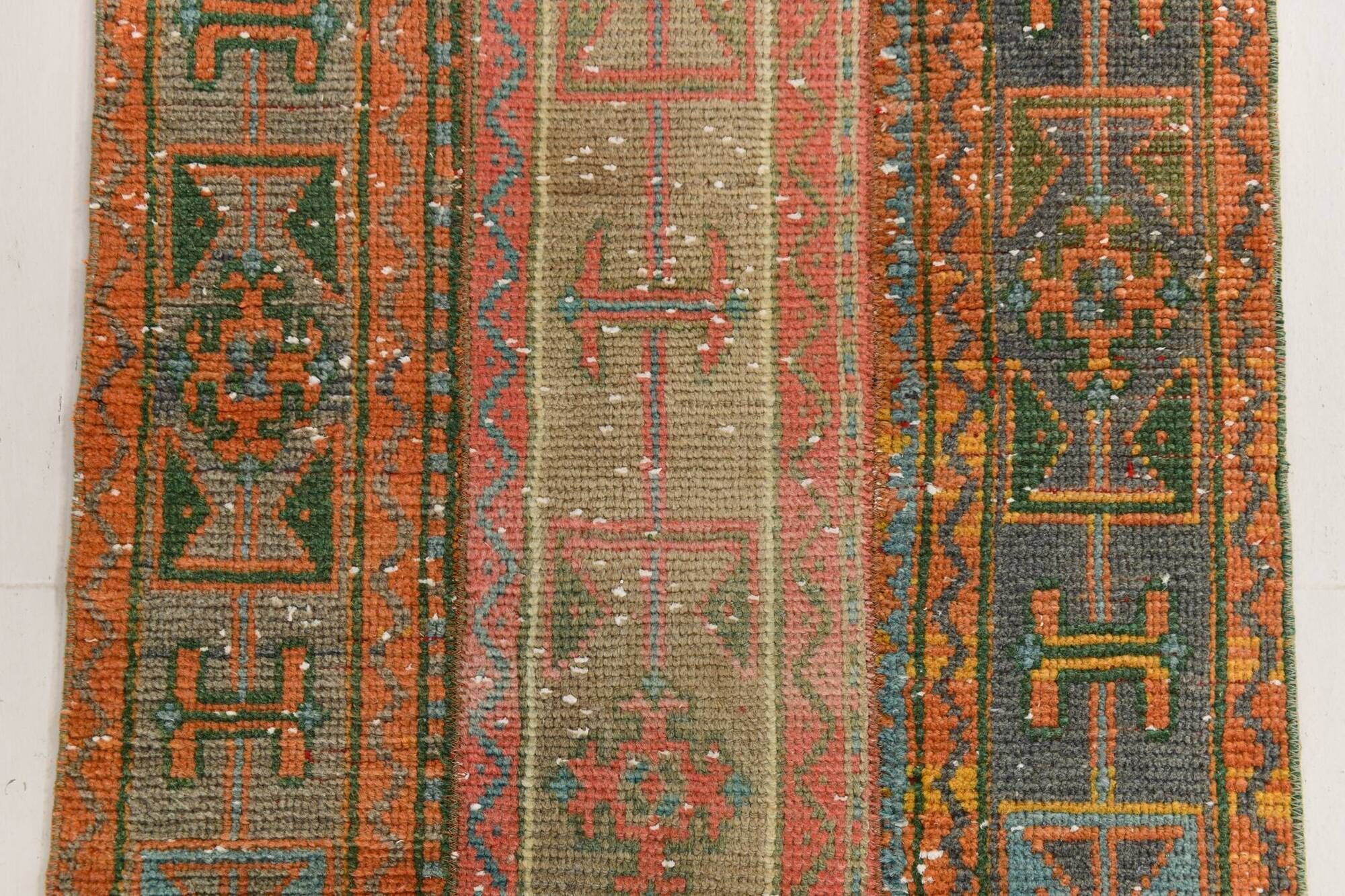 2x9 Vintage Coral Orange & Green Turkish Runner Rug, 70x275Cm