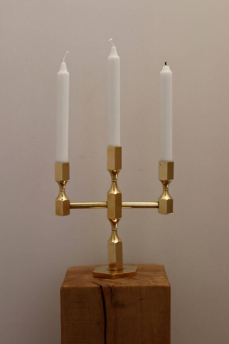 Vintage Swedish Three-Arm Brass Candleholder by Gusum, circa 1974