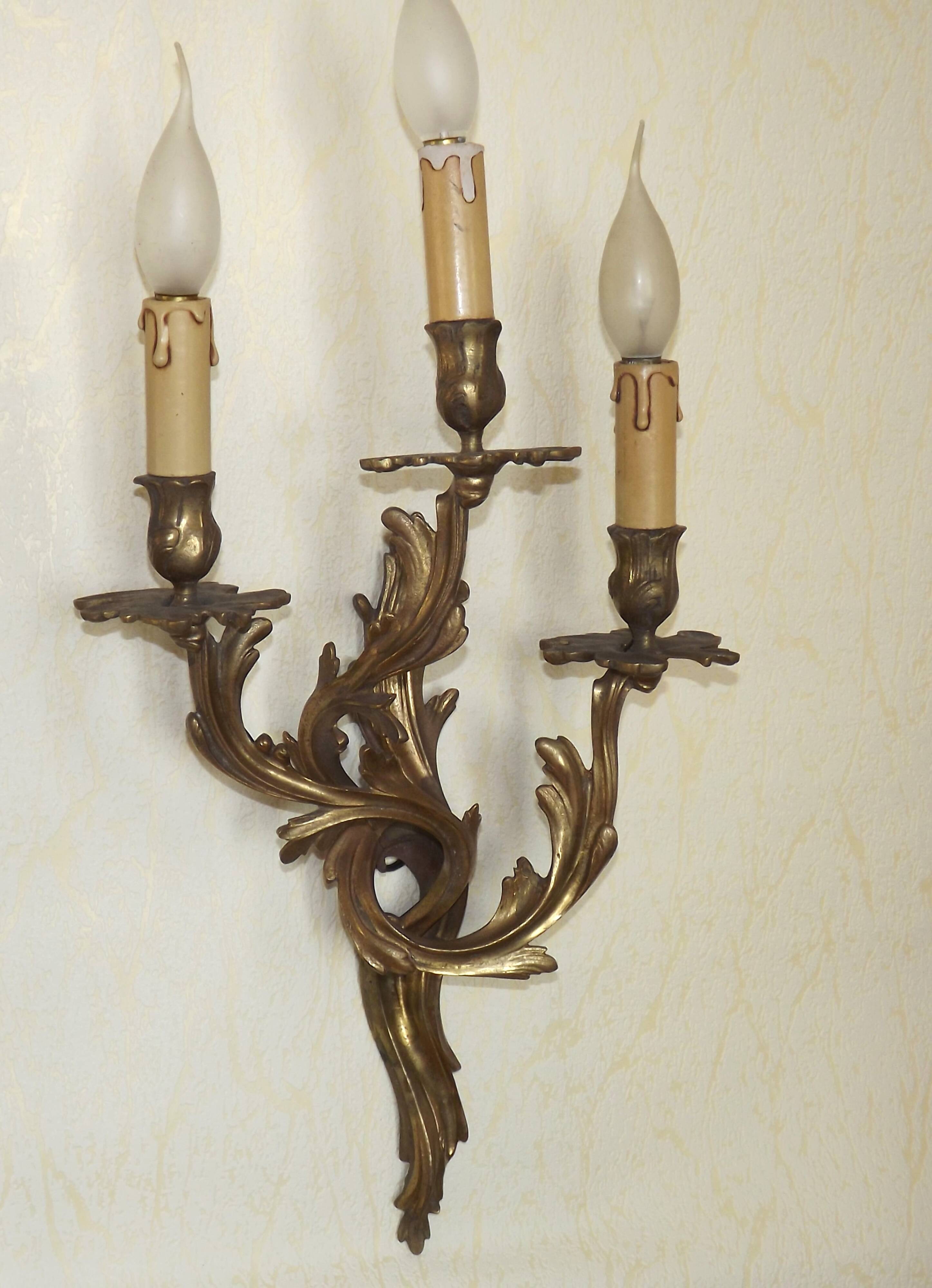 Very large pair of early 1900s 3-light acanthus leaf wall sconces 5209