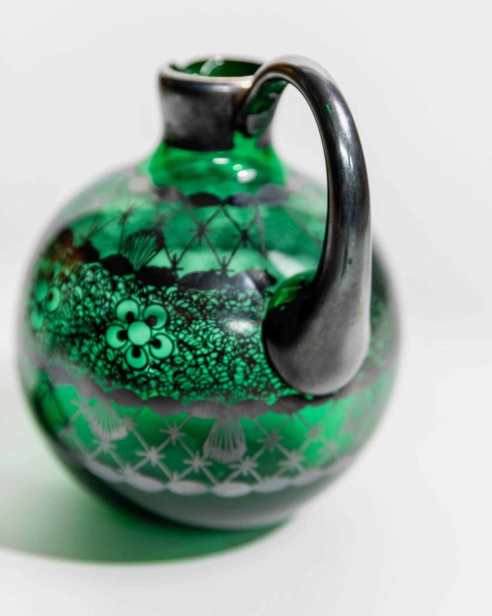 Vintage Murano Green Glass Liqueur Set with Hand-Painted Silver Decor – Decanter and Four Glasses, Italy, 1930s