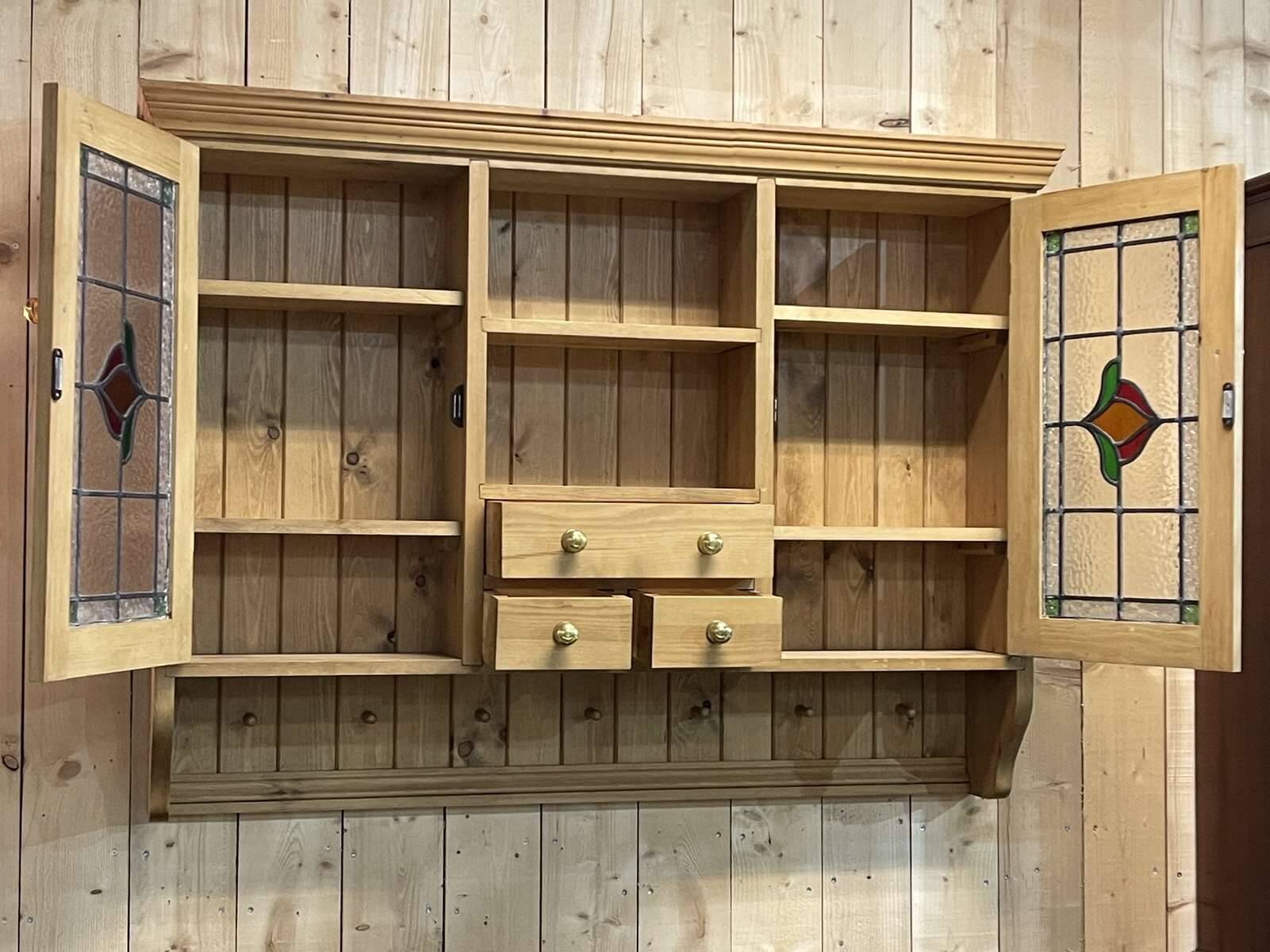 English wall cabinet in fir with old stained glass windows - 1980s