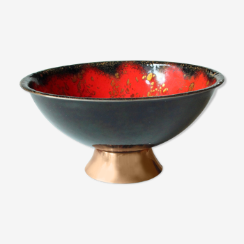 Copper enamelled red serving bowl, vintage, handmade