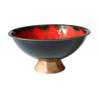 Copper enamelled red serving bowl, vintage, handmade