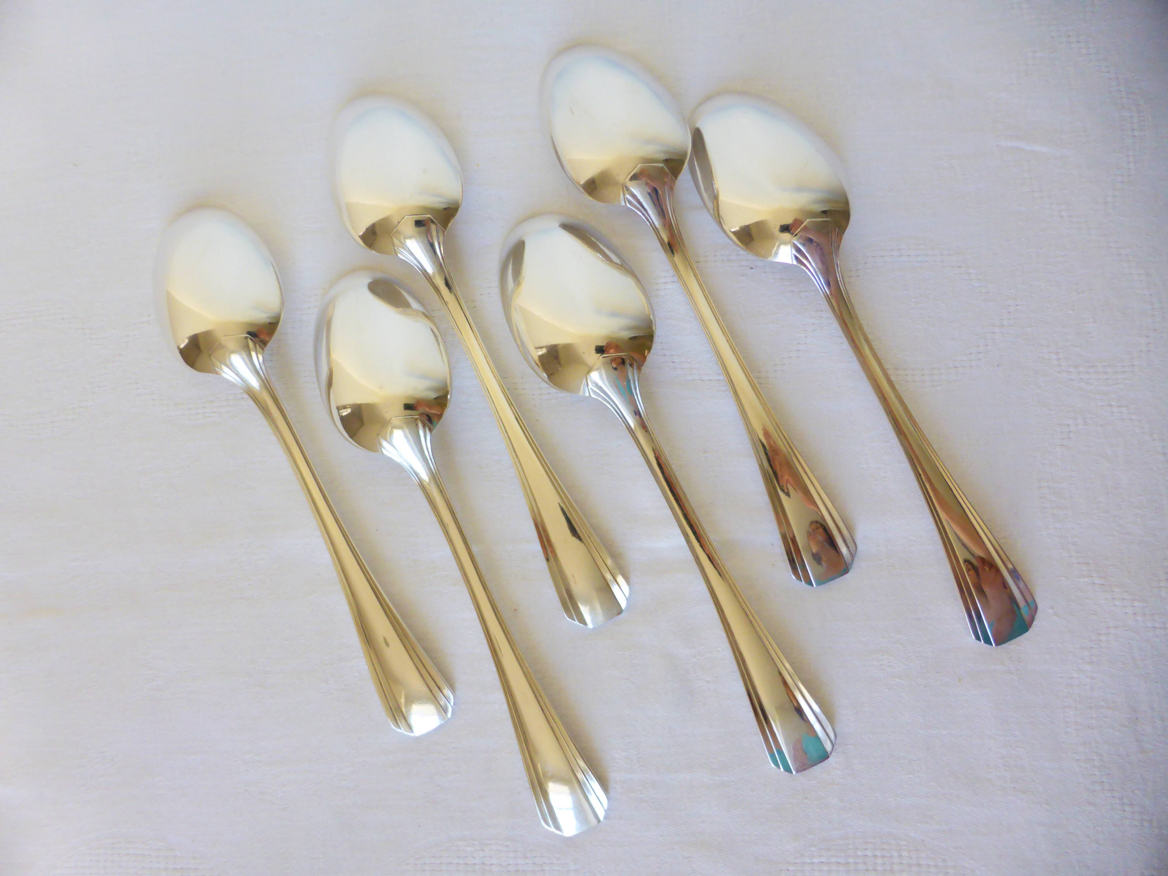 6 Christofle Art Deco Style Silver Plated Soup Spoons 2106255