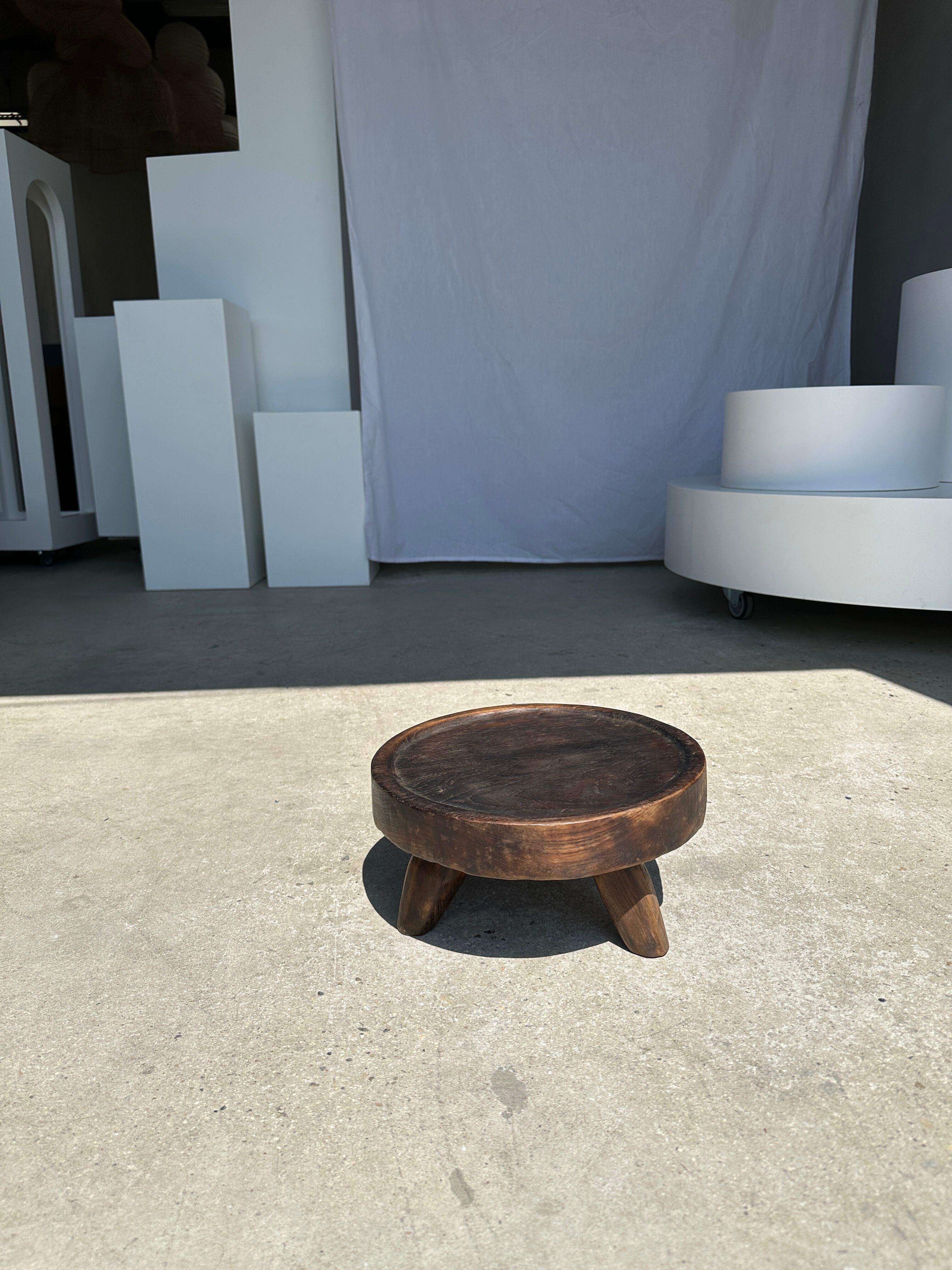 Small tripod stool low in dark brown upcycled teak