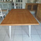 Vintage belt table and pearl gray compass base, wooden top