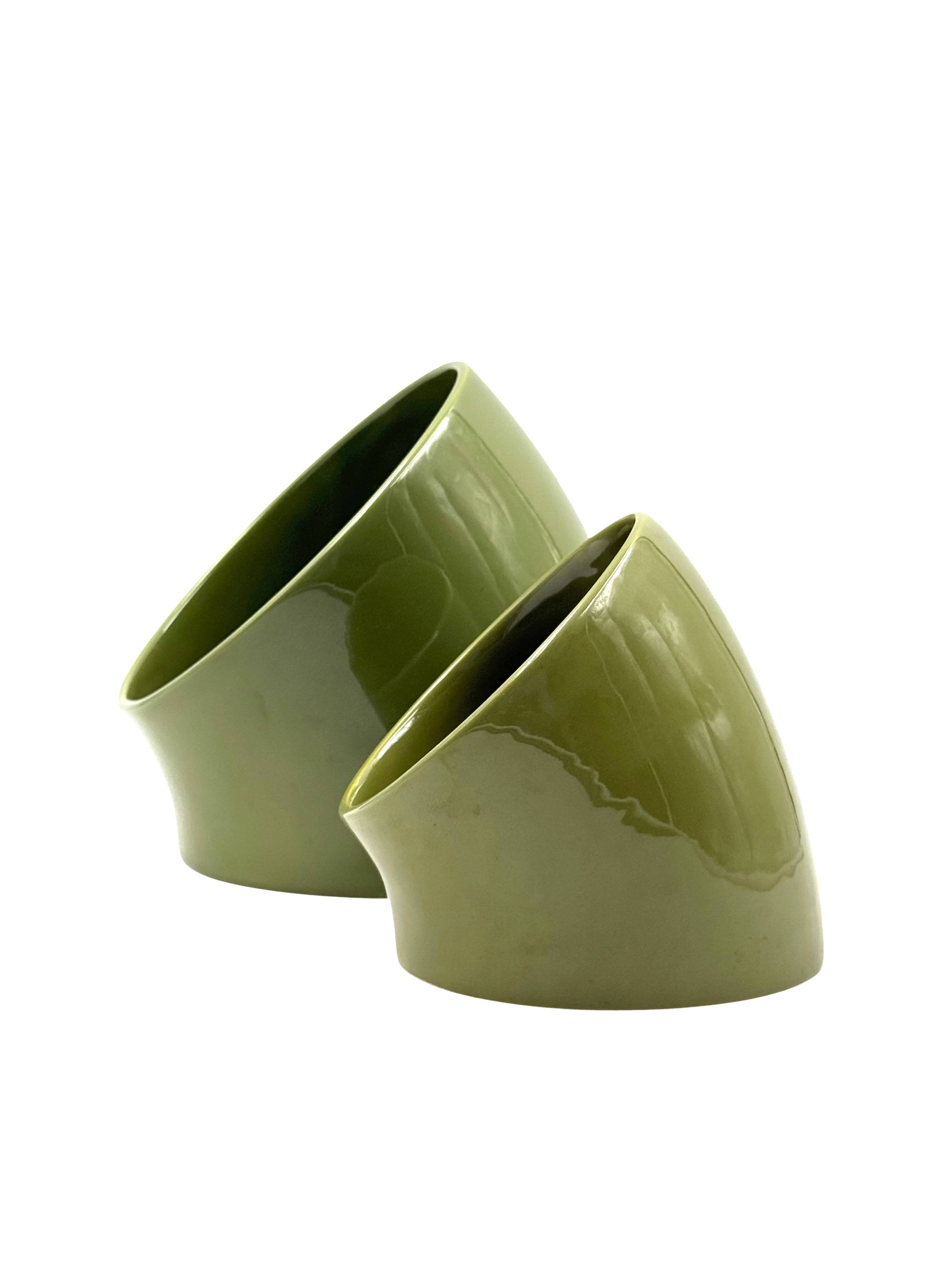 Space age set of 2 green ceramic vide poche, Sicart Italy ca. 1970