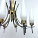Mid-Century 8 lights brass and opaline glass chandelier. Italy 1950s