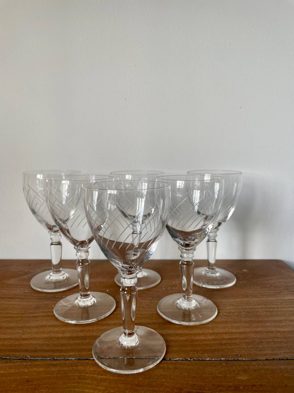 6 crystal engraved white wine glasses with stems