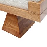 Brutalist Style Bench with Solid Oak Pyramid Bases and Ivory Bouclé Upholstery