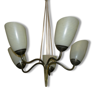 Lustre 5 tulipes laiton 1940 50