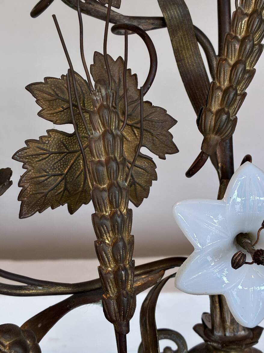 Pair of French Brass Candelabras with Opaline Glass Flowers and Grape Motif
