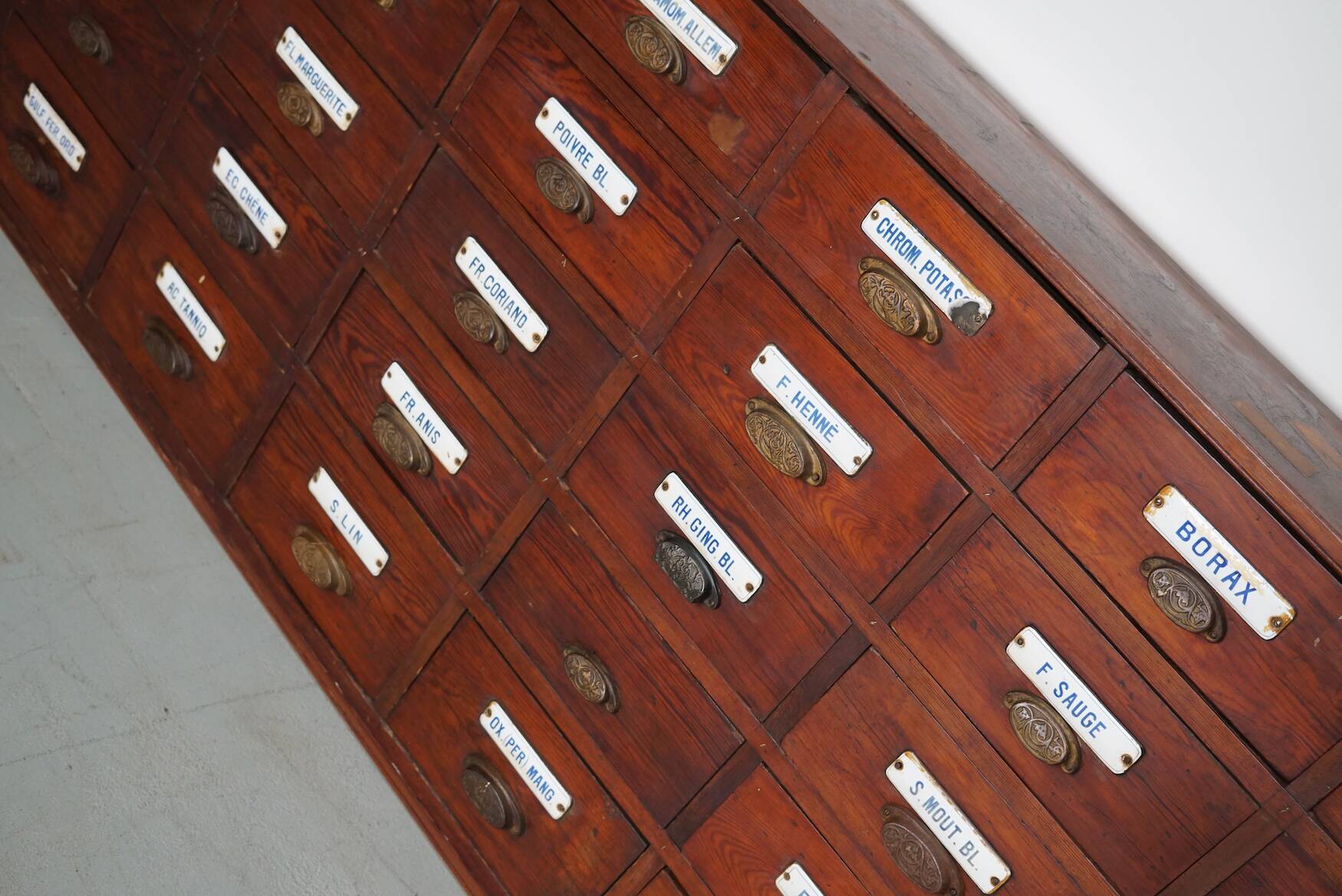 Large Antique Belgian Pitch Pine Apothecary Cabinet with Enamel Shields, 1900s