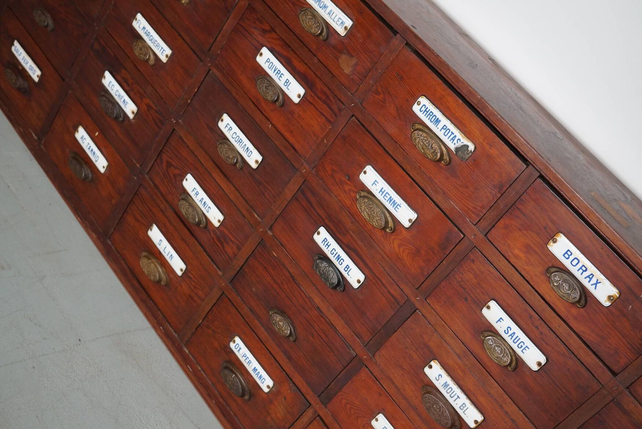 Grand Cabinet d'Apothicaire Antique en Pitch Pine, Belgique, avec Boucliers en Émail, 1900s