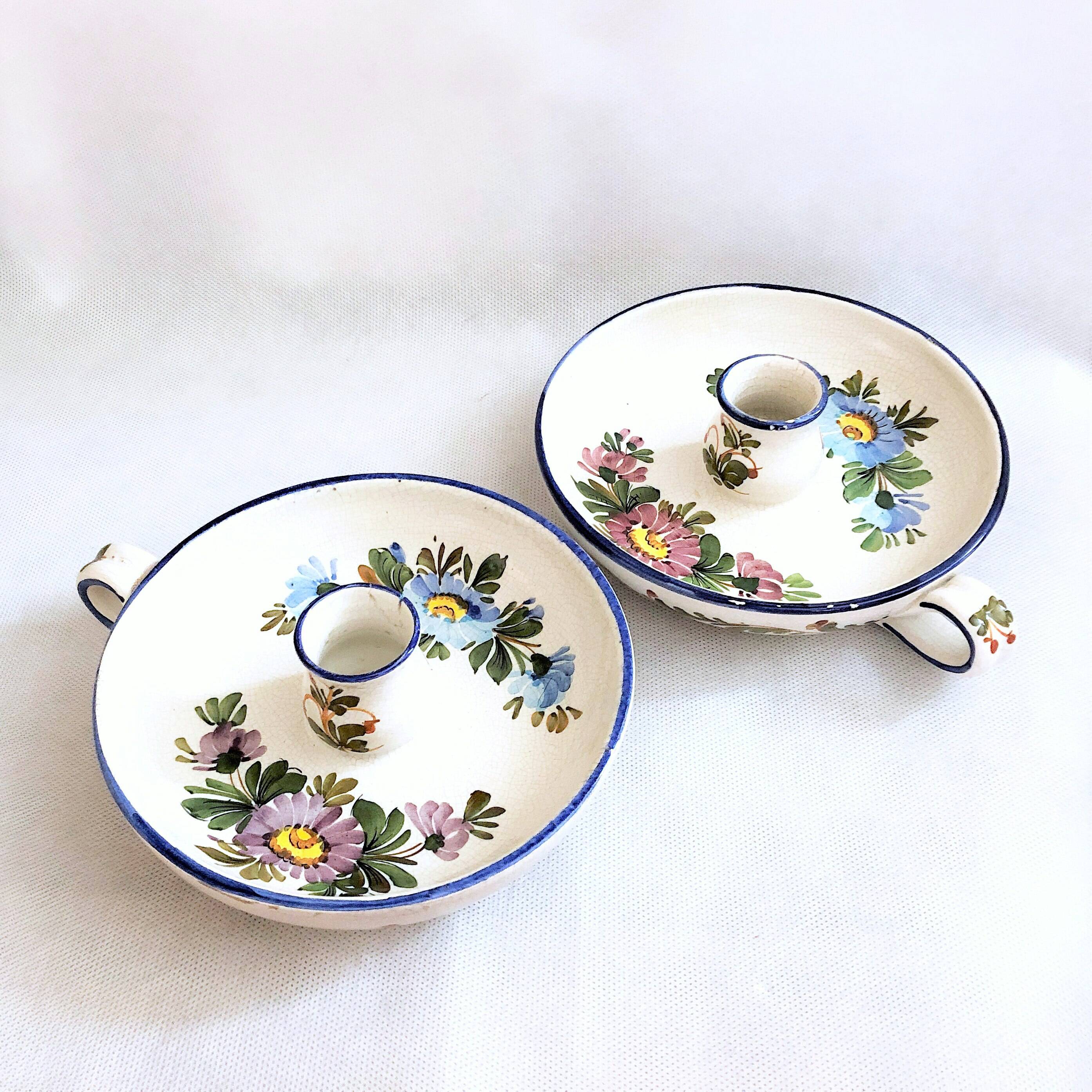 Pair of handmade cracked earthenware hand candlesticks signed Bassano Italy