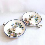 Pair of handmade cracked earthenware hand candlesticks signed Bassano Italy