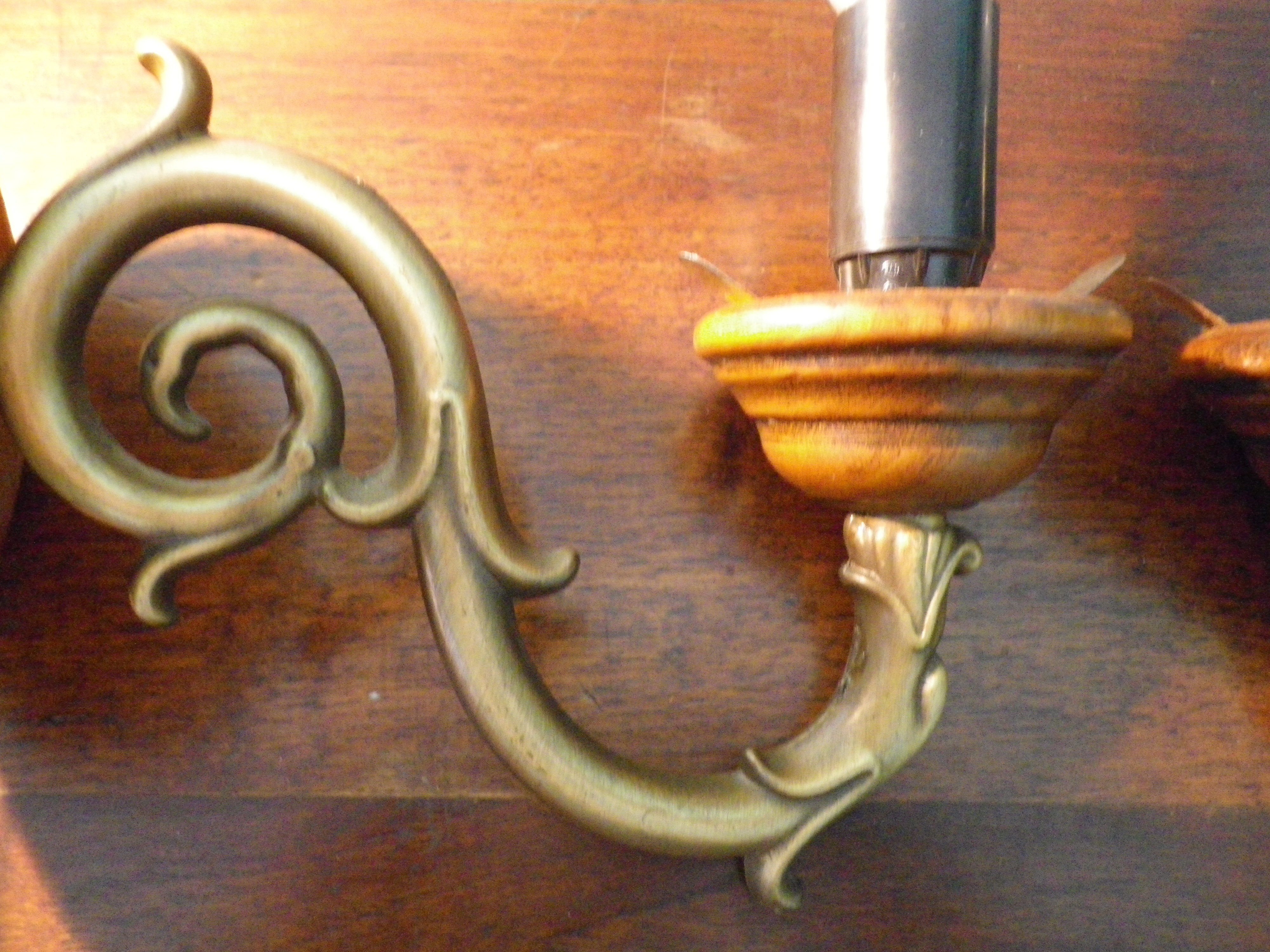 Wall lamps in wood and gilded metal, openwork glass lampshade