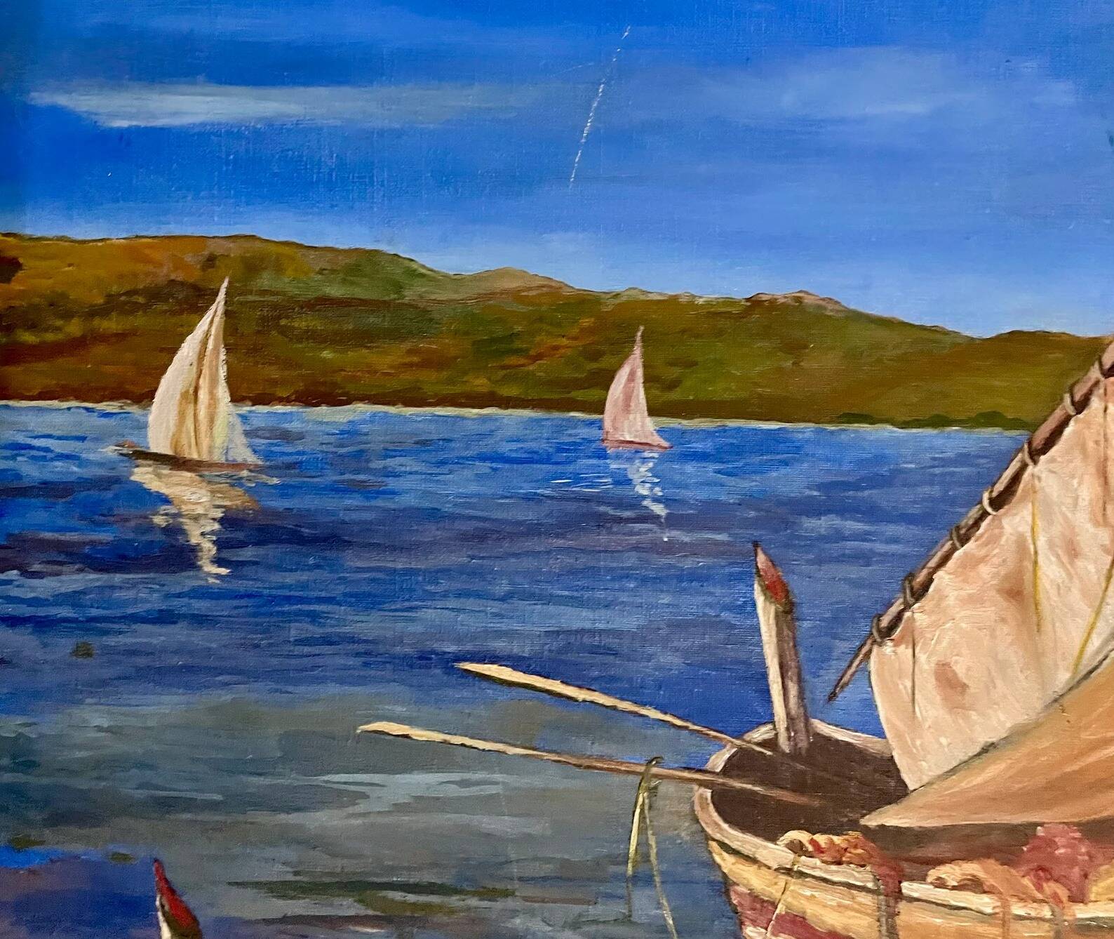 Vintage Sailboats on a River Impressionist Oil Painting on Canvas