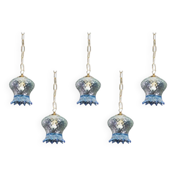 Ensemble de 5 suspensions en verre de Murano, bleu et transparent, Europe, 1980