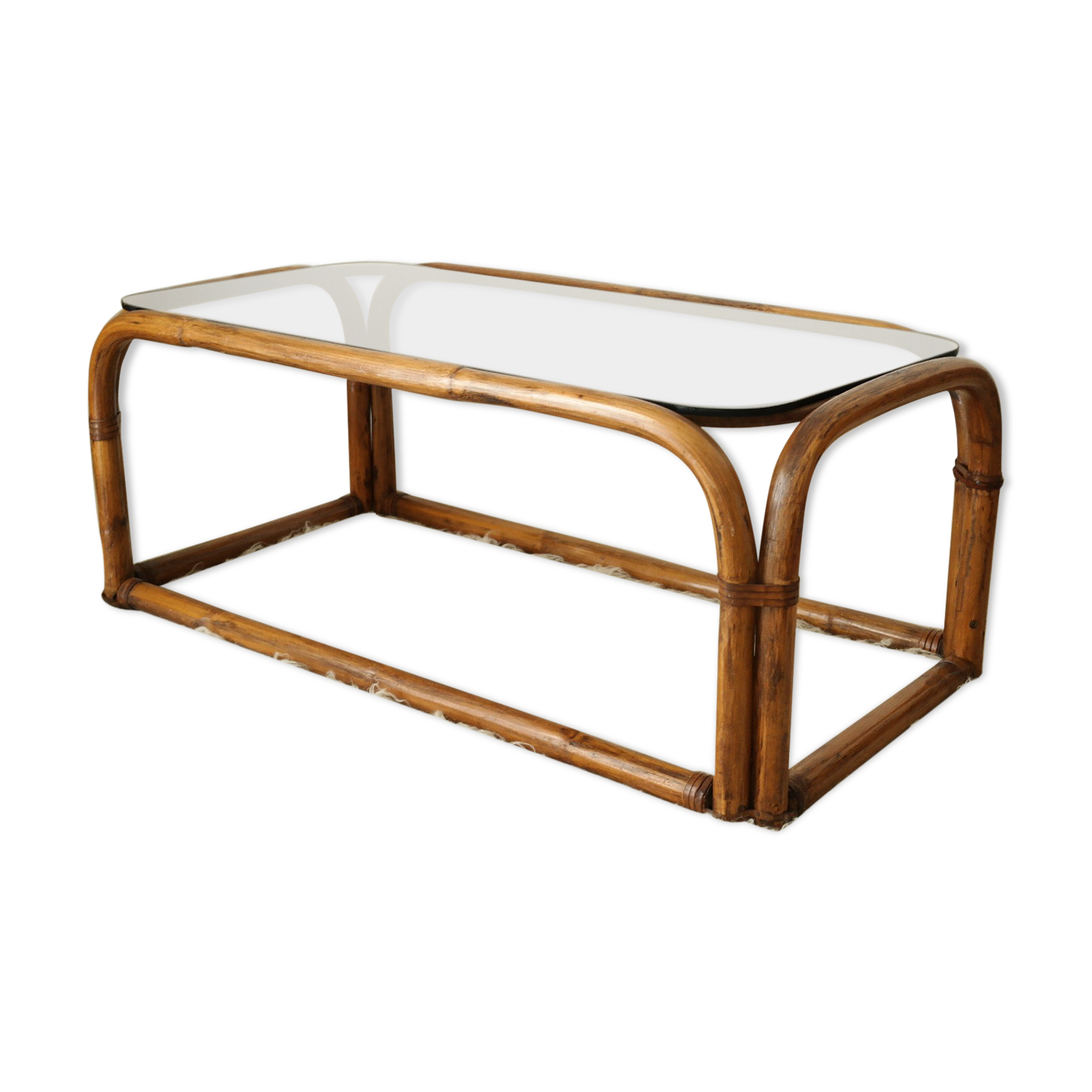 Table basse en bambou et verre fumé vintage