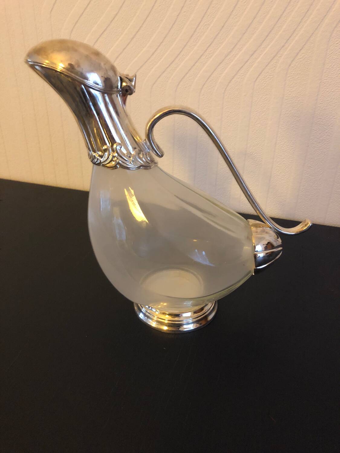 Carafe canard vintage en verre et argent