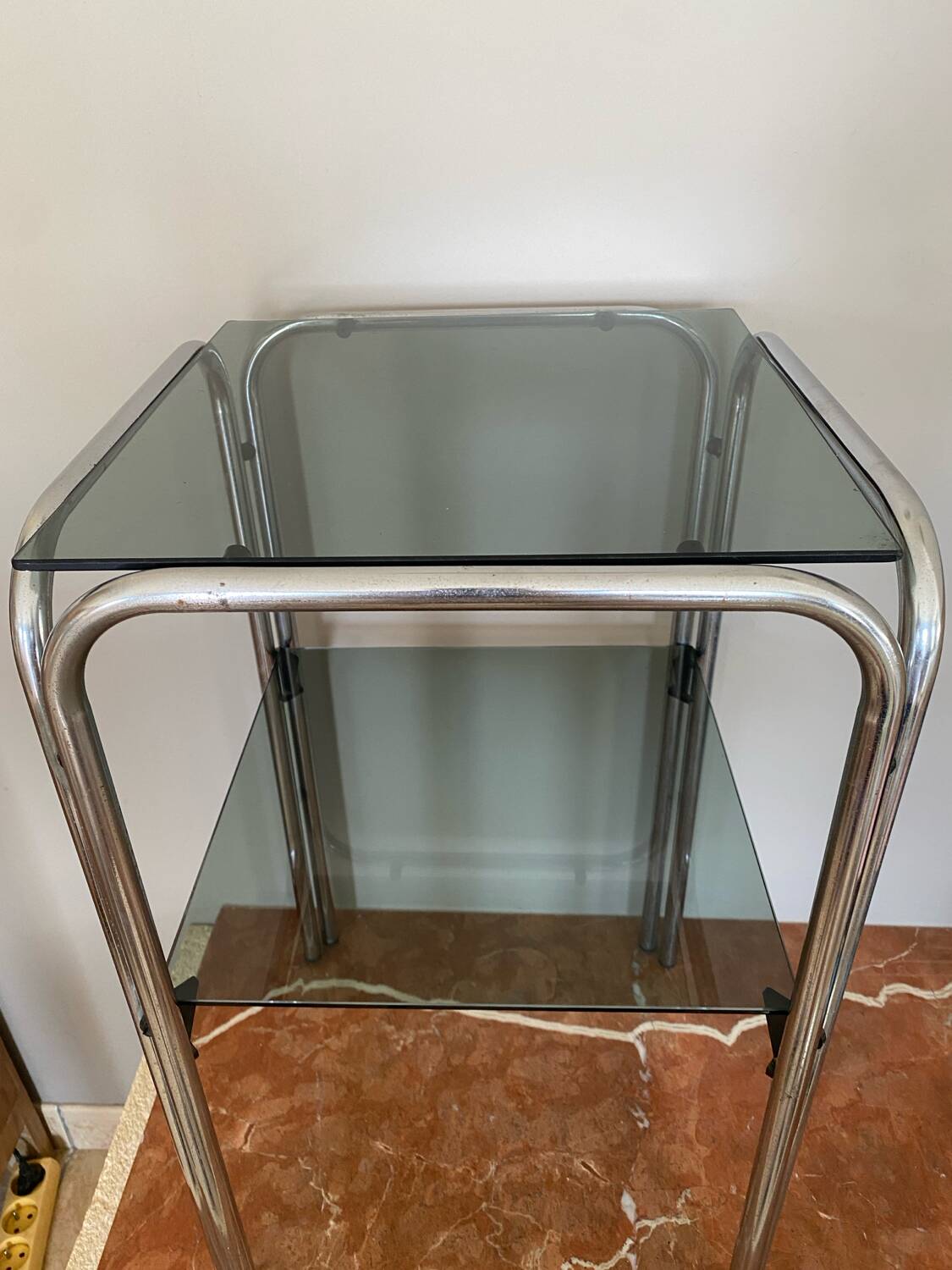 Chrome and smoked glass side table