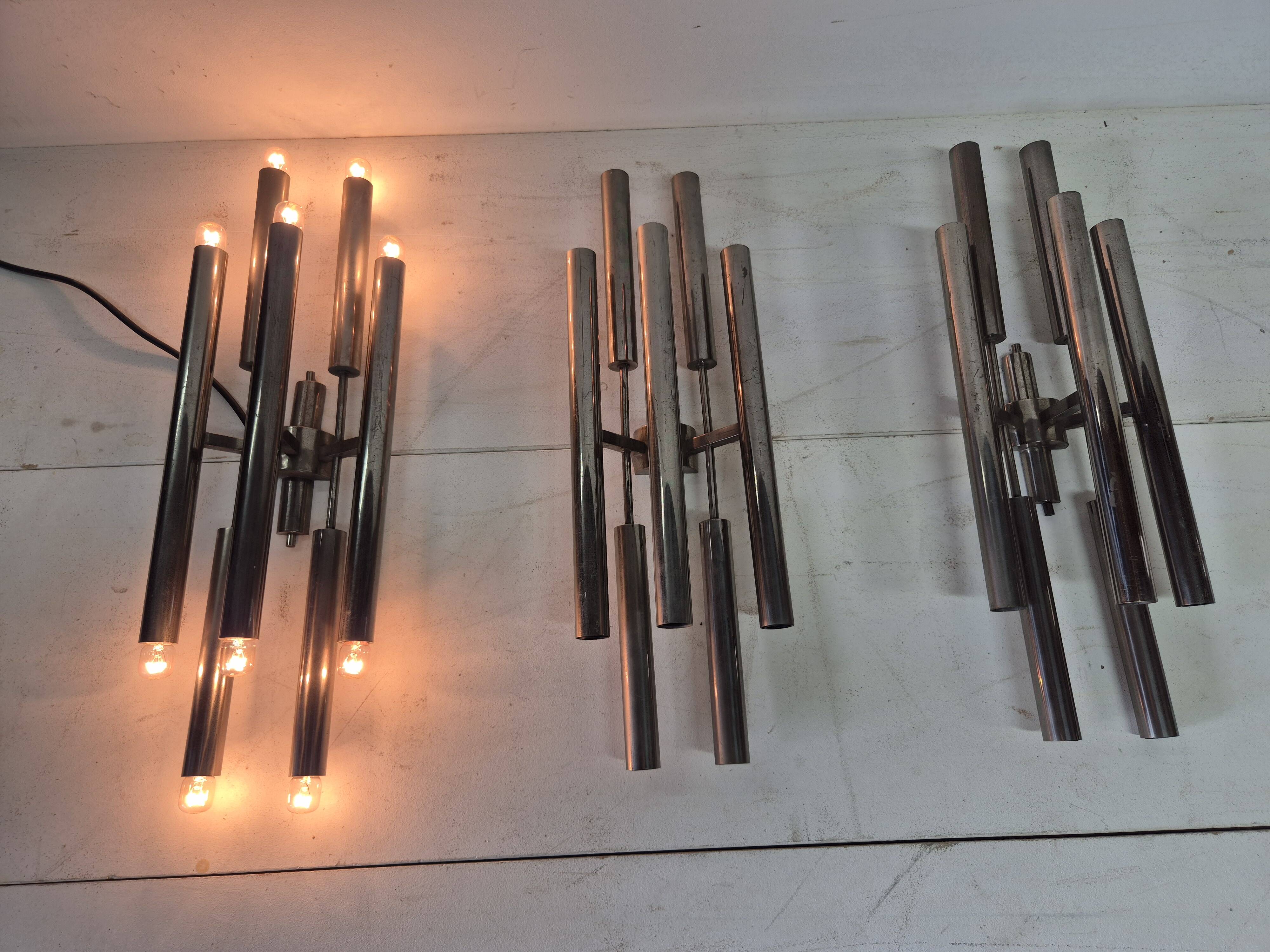 3 large 1960s wall lights in nickel-plated brass