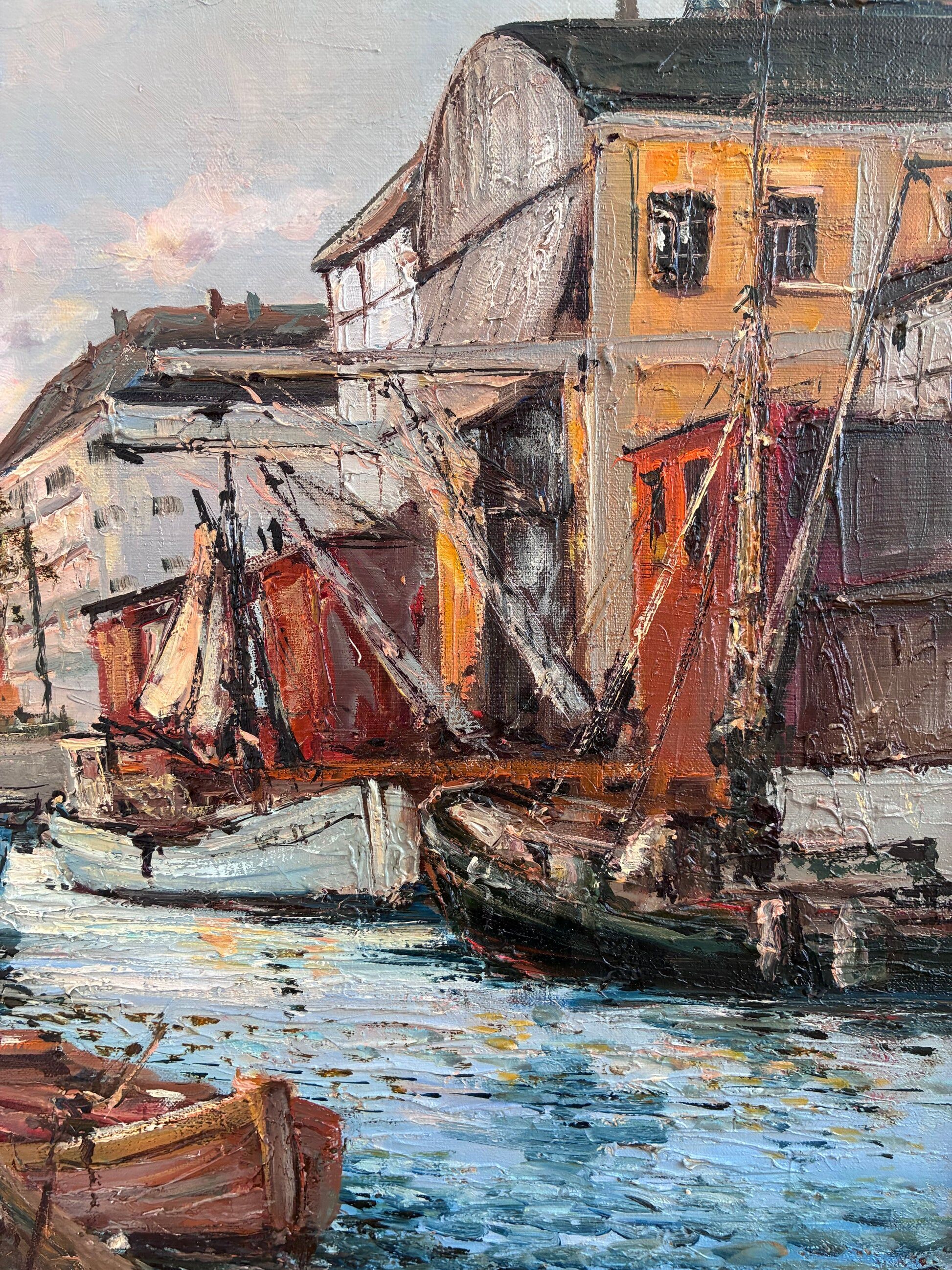 Vintage original oil painting of a canal cityscape, circa 1970s