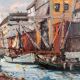 Vintage original oil painting of a canal cityscape, circa 1970s